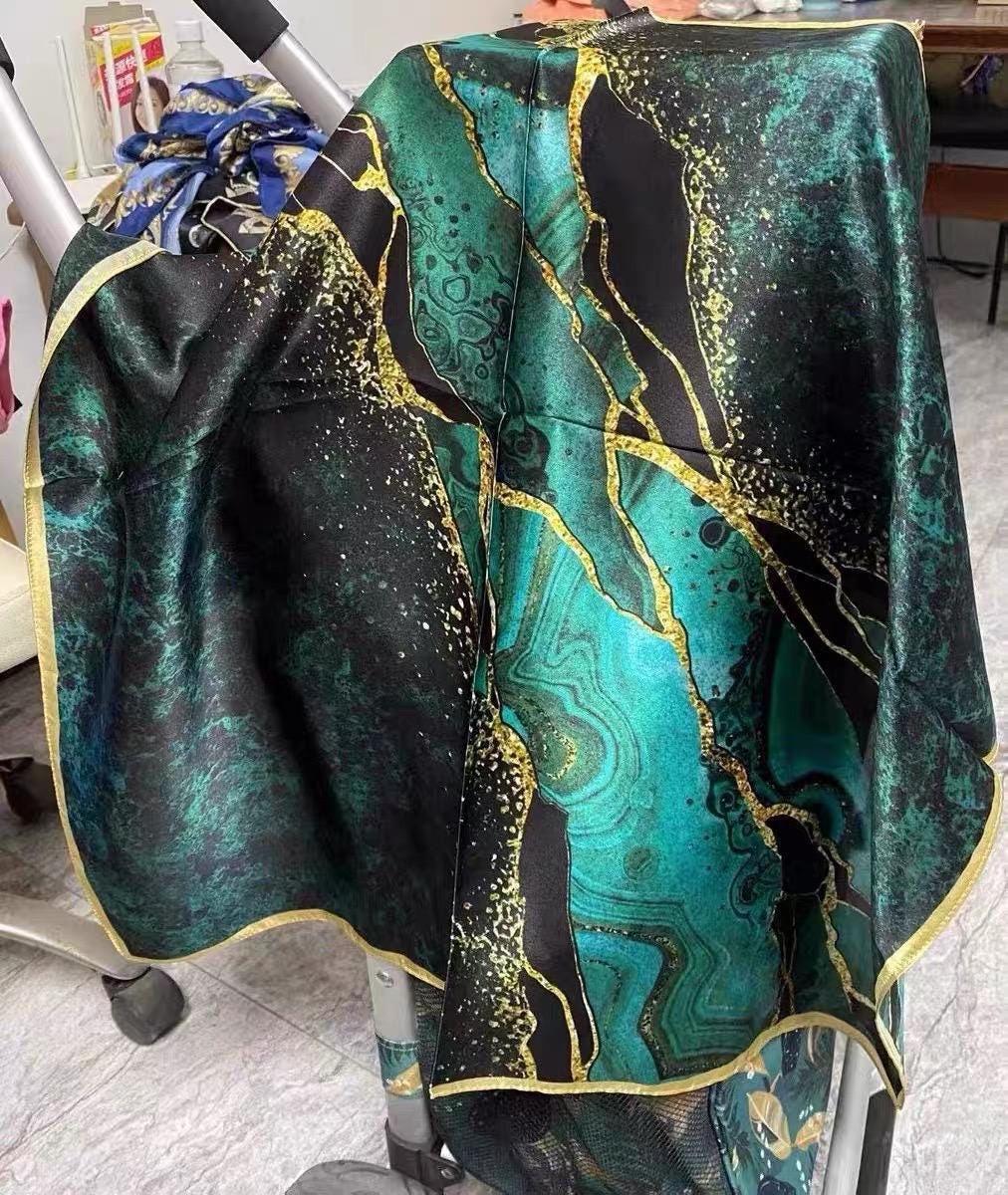 100% Mulberry Silk Scarf 26x26" 65x65CM, Aurora Green Silk Bandana, Hand Rolled Edge, Luxury Neck Scarf, Fashion Gift for Her