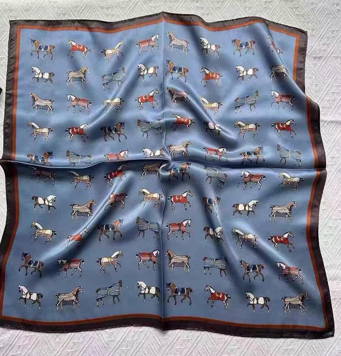 Pony Print Silk Scarf 21", 53cm 100% Mulberry Silk Neckerchief, Cute Horse Pattern Small Square Scarf for Women, Hair Head Handbag Scarf