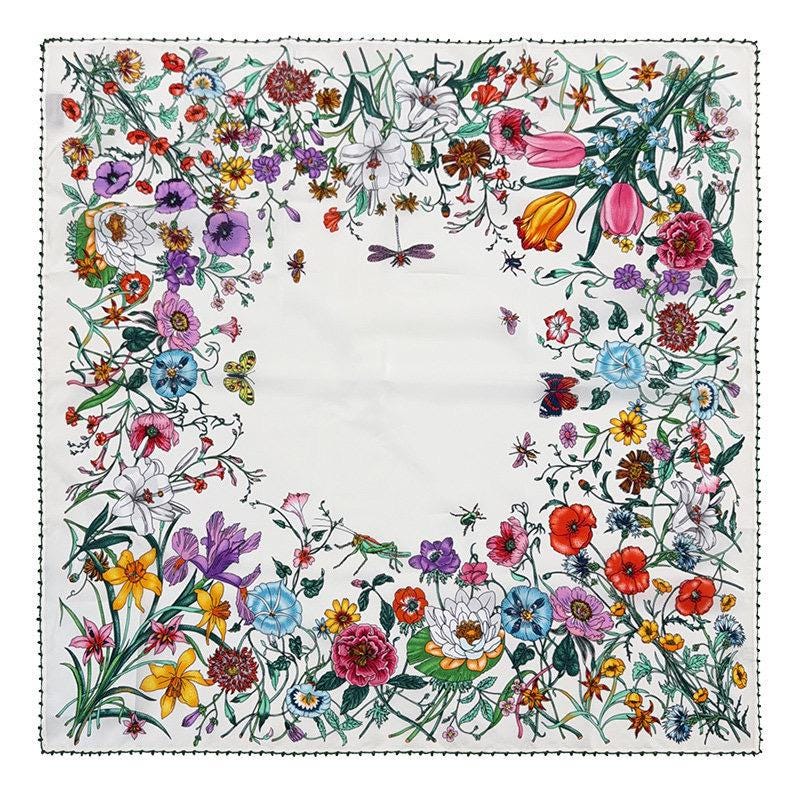 100% Silk Scarf 26"x26" 65x65cm, Spring Floral Mulberry Silk Crepe de Chine Square Scarf, Elegant Silk Head Wrap Bandana Neck Scarf