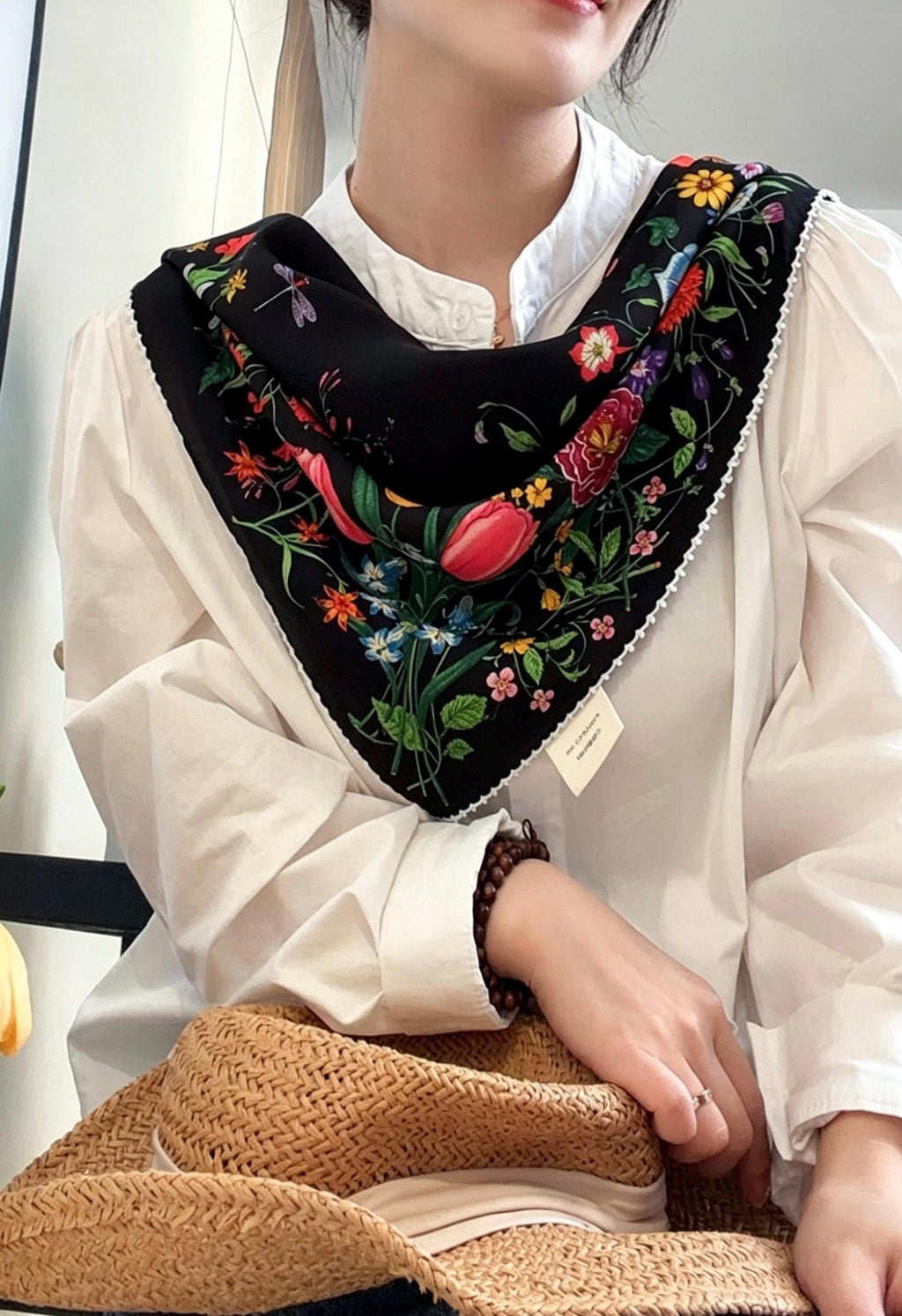 100% Silk Scarf 26"x26" 65x65cm, Spring Floral Mulberry Silk Crepe de Chine Square Scarf, Elegant Silk Head Wrap Bandana Neck Scarf