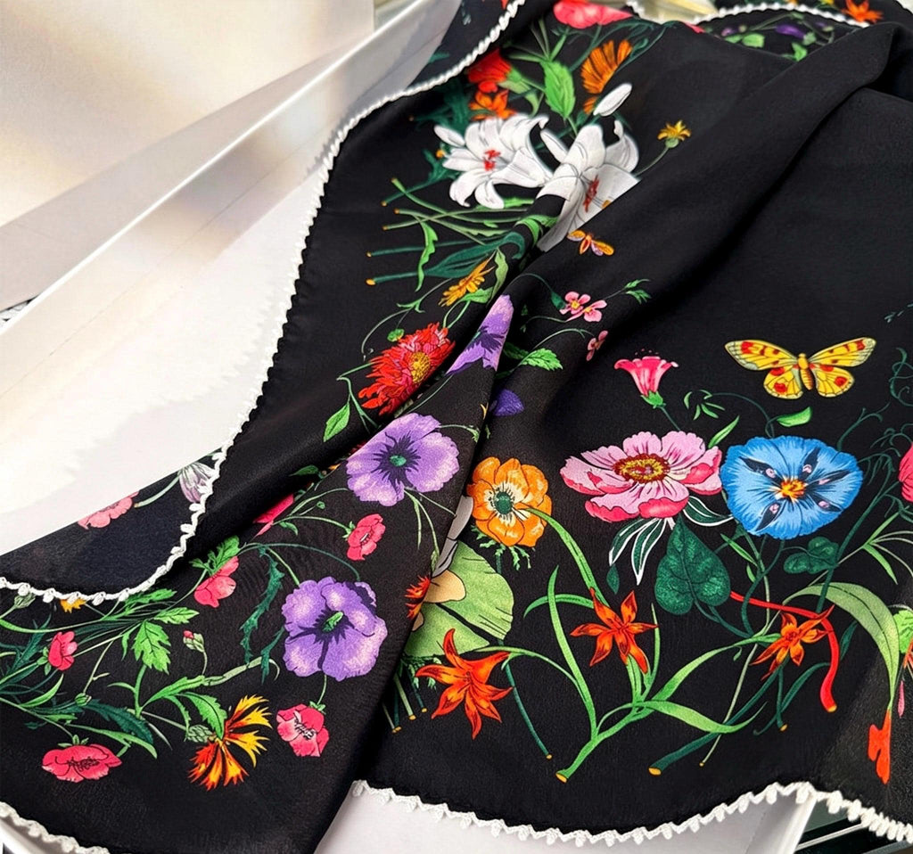 100% Silk Scarf 26"x26" 65x65cm, Spring Floral Mulberry Silk Crepe de Chine Square Scarf, Elegant Silk Head Wrap Bandana Neck Scarf