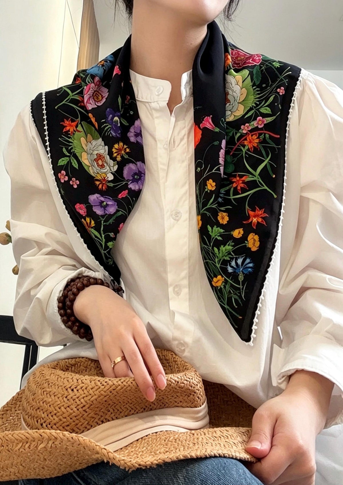 100% Silk Scarf 26"x26" 65x65cm, Spring Floral Mulberry Silk Crepe de Chine Square Scarf, Elegant Silk Head Wrap Bandana Neck Scarf