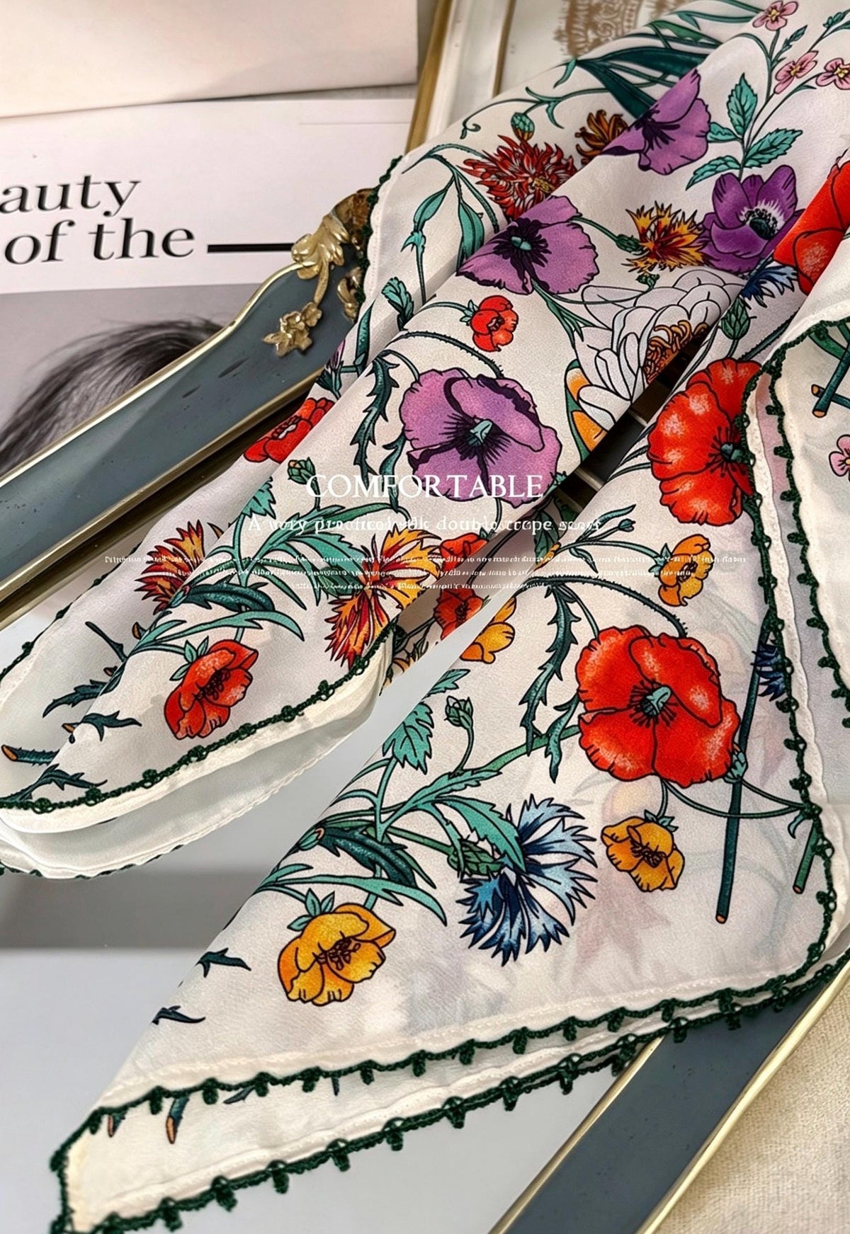 100% Silk Scarf 26"x26" 65x65cm, Spring Floral Mulberry Silk Crepe de Chine Square Scarf, Elegant Silk Head Wrap Bandana Neck Scarf