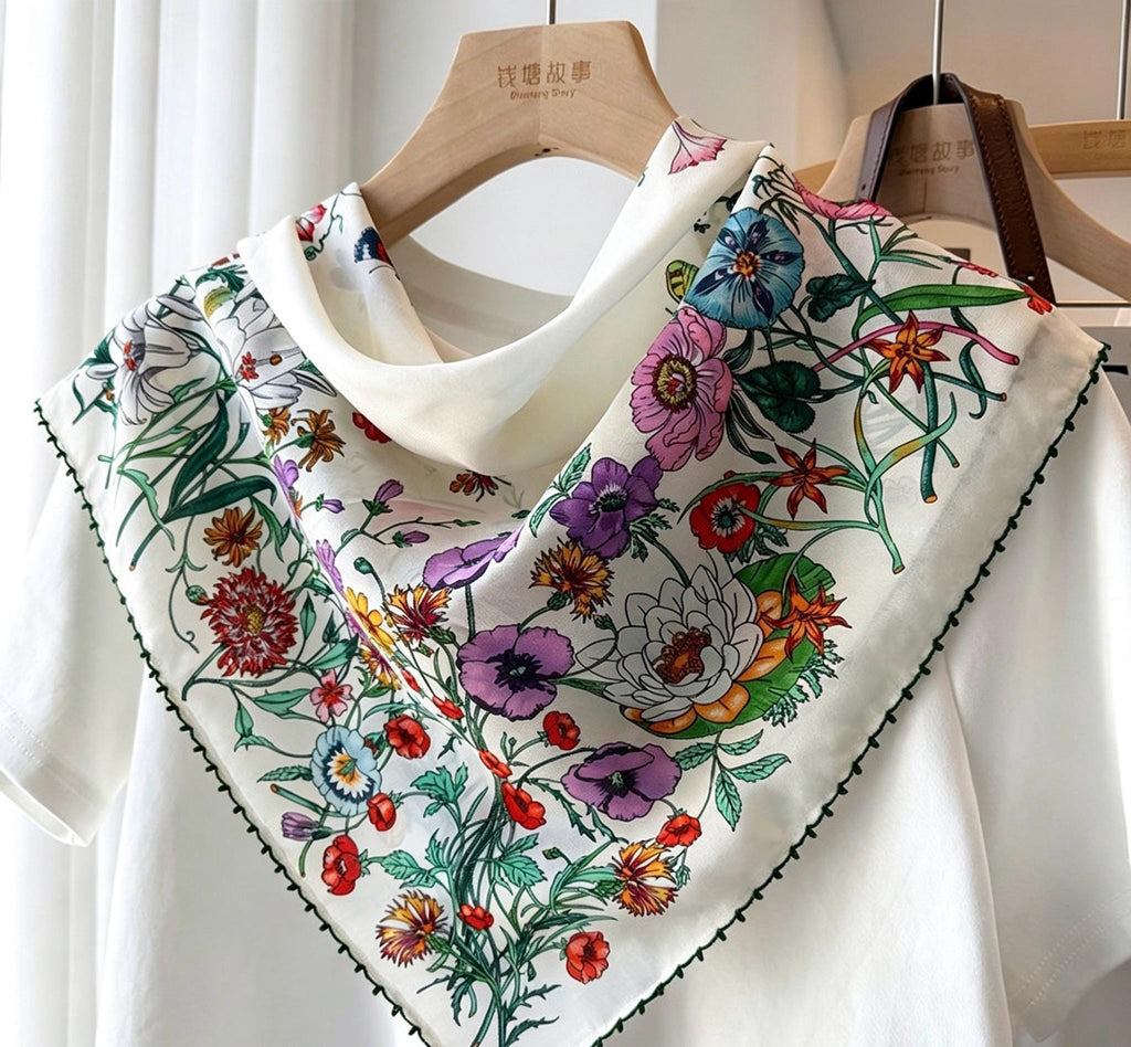 100% Silk Scarf 26"x26" 65x65cm, Spring Floral Mulberry Silk Crepe de Chine Square Scarf, Elegant Silk Head Wrap Bandana Neck Scarf