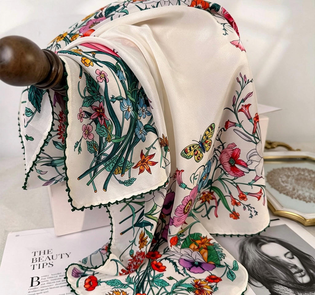 100% Silk Scarf 26"x26" 65x65cm, Spring Floral Mulberry Silk Crepe de Chine Square Scarf, Elegant Silk Head Wrap Bandana Neck Scarf