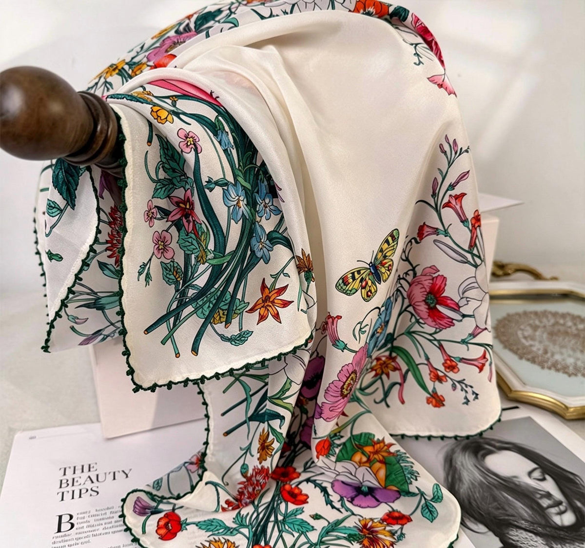 100% Silk Scarf 26"x26" 65x65cm, Spring Floral Mulberry Silk Crepe de Chine Square Scarf, Elegant Silk Head Wrap Bandana Neck Scarf