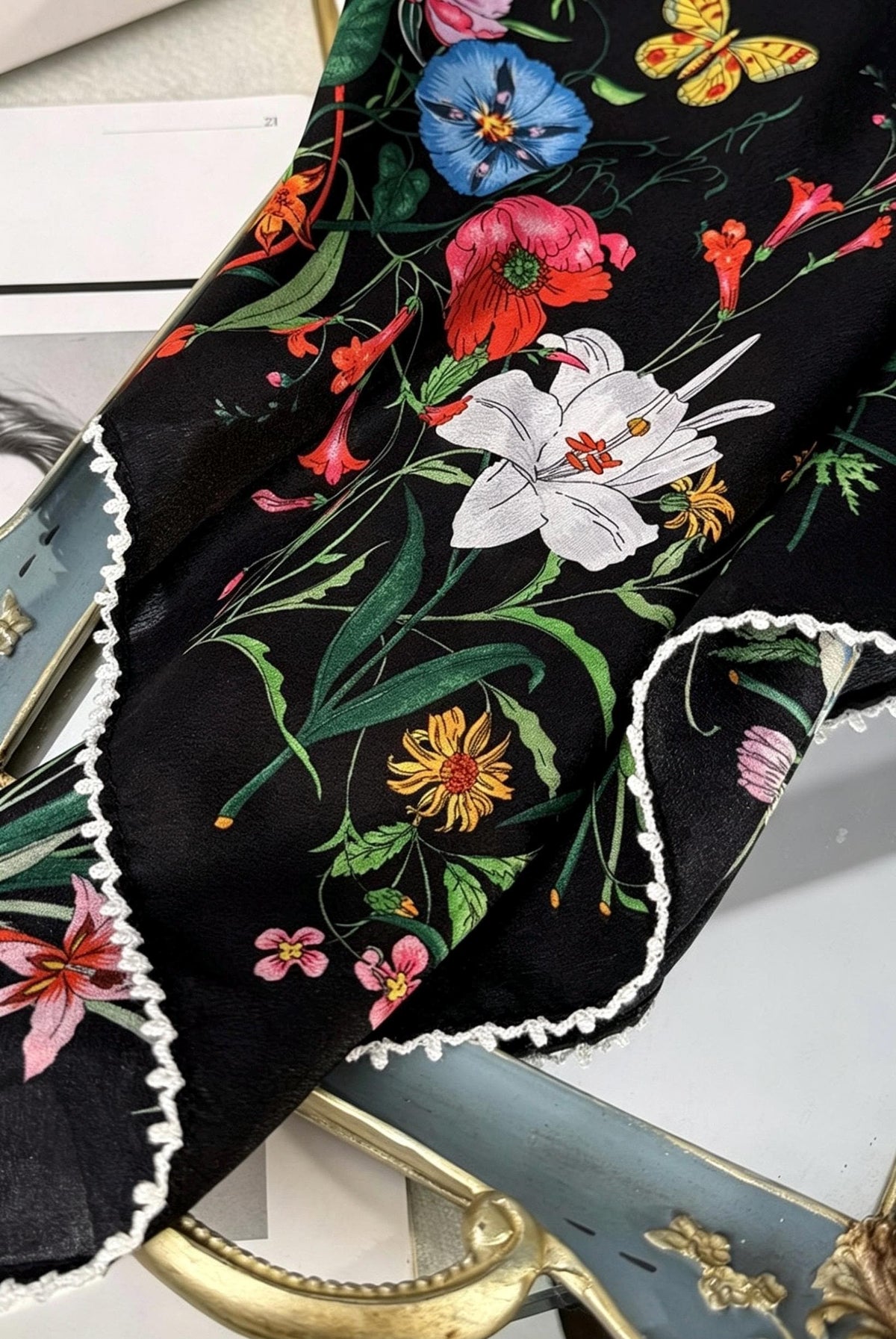 100% Silk Scarf 26"x26" 65x65cm, Spring Floral Mulberry Silk Crepe de Chine Square Scarf, Elegant Silk Head Wrap Bandana Neck Scarf