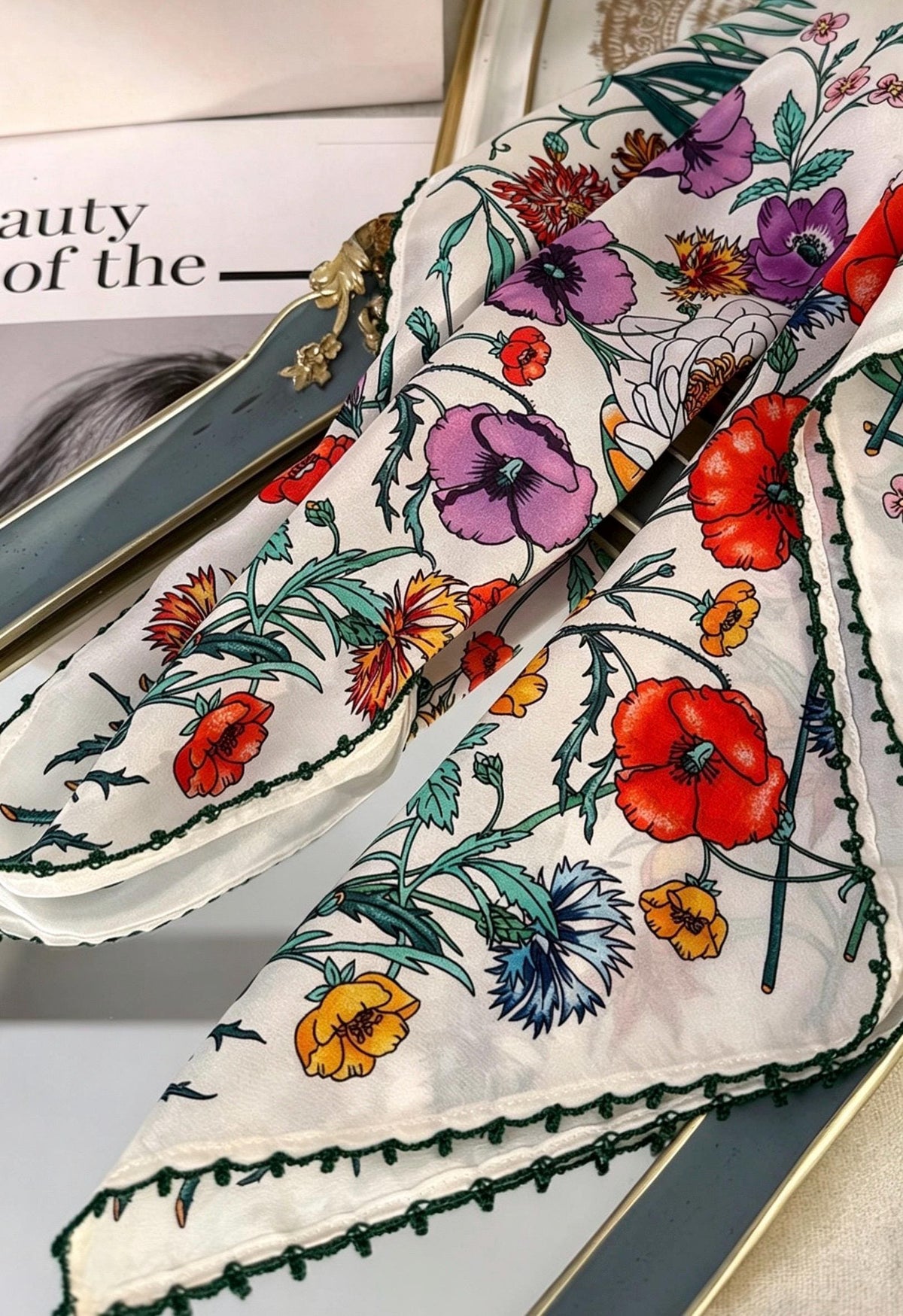 100% Silk Scarf 26"x26" 65x65cm, Spring Floral Mulberry Silk Crepe de Chine Square Scarf, Elegant Silk Head Wrap Bandana Neck Scarf