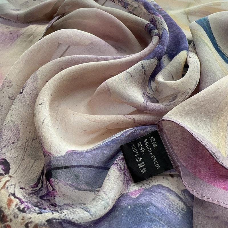 100% Silk Scarf 26"x26" 65x65cm, Gambiered Gauze Square Scarf, Neo Chinese Style Silk Wrap, Shulang Dye Botanical Neck Scarf