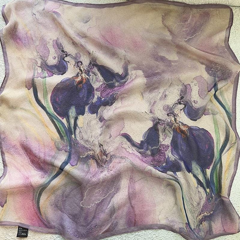 100% Silk Scarf 26"x26" 65x65cm, Gambiered Gauze Square Scarf, Neo Chinese Style Silk Wrap, Shulang Dye Botanical Neck Scarf
