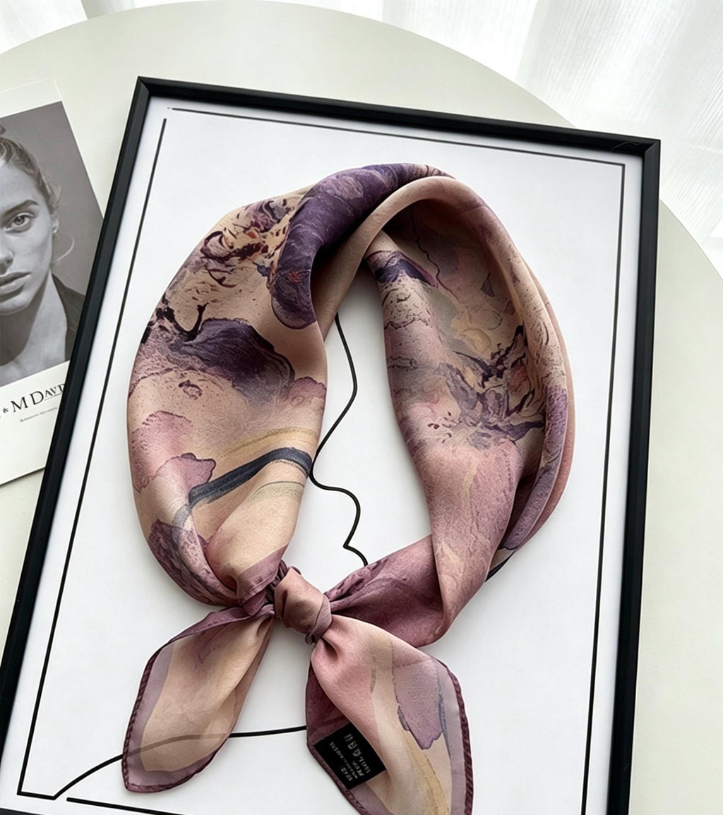 100% Silk Scarf 26"x26" 65x65cm, Gambiered Gauze Square Scarf, Neo Chinese Style Silk Wrap, Shulang Dye Botanical Neck Scarf