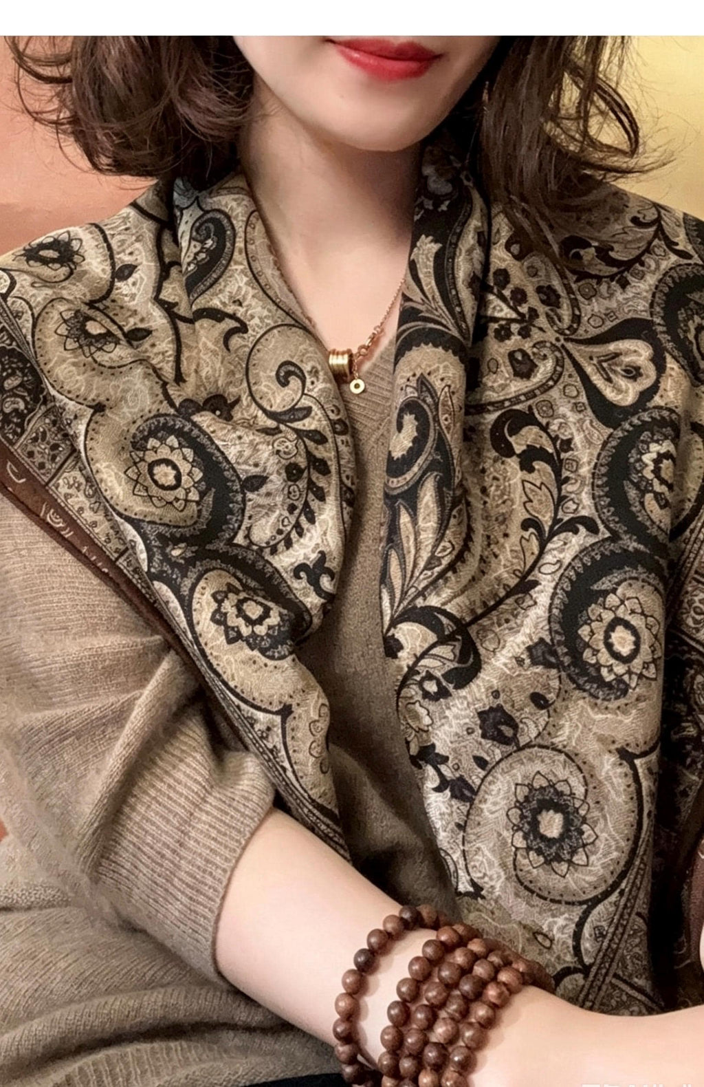100% Mulberry Silk Scarf 35"x35" 88x88cm, Italian Style Luxury Silk Wool Large Square Scarf, Premium Shawl Wrap, Gift for Her, Chic Beige