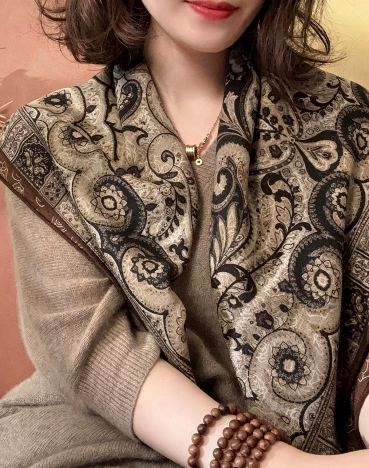 100% Mulberry Silk Scarf 35"x35" 88x88cm, Italian Style Luxury Silk Wool Large Square Scarf, Premium Shawl Wrap, Gift for Her, Chic Beige