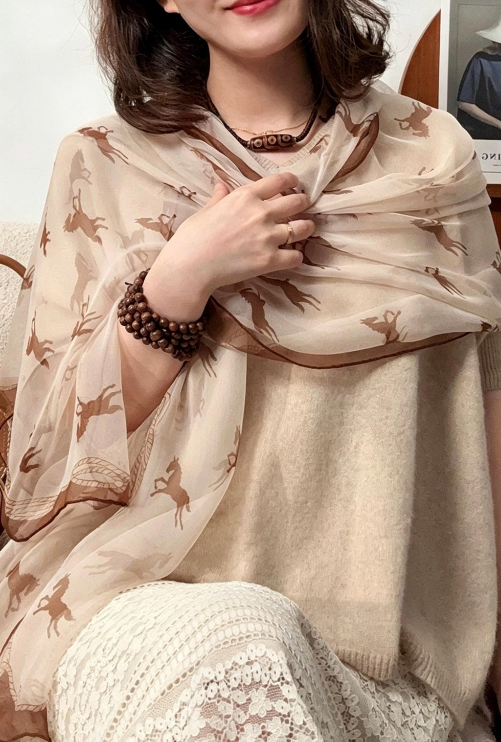 100% Mulberry Silk Scarf 35"x75" 88x190cm, Cream Pony Georgette Silk Shawl, Long Summer Sunscreen Wrap, Lightweight Floral Scarf for