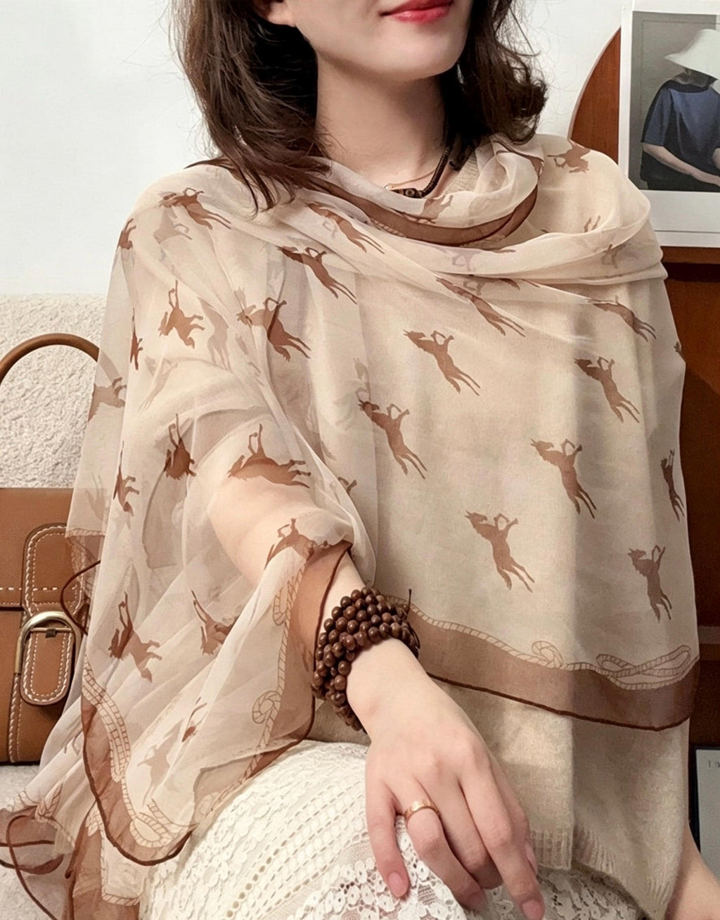 100% Mulberry Silk Scarf 35"x75" 88x190cm, Cream Pony Georgette Silk Shawl, Long Summer Sunscreen Wrap, Lightweight Floral Scarf for