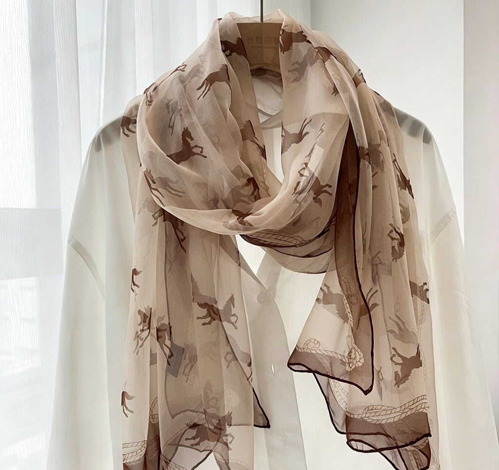 100% Mulberry Silk Scarf 35"x75" 88x190cm, Cream Pony Georgette Silk Shawl, Long Summer Sunscreen Wrap, Lightweight Floral Scarf for