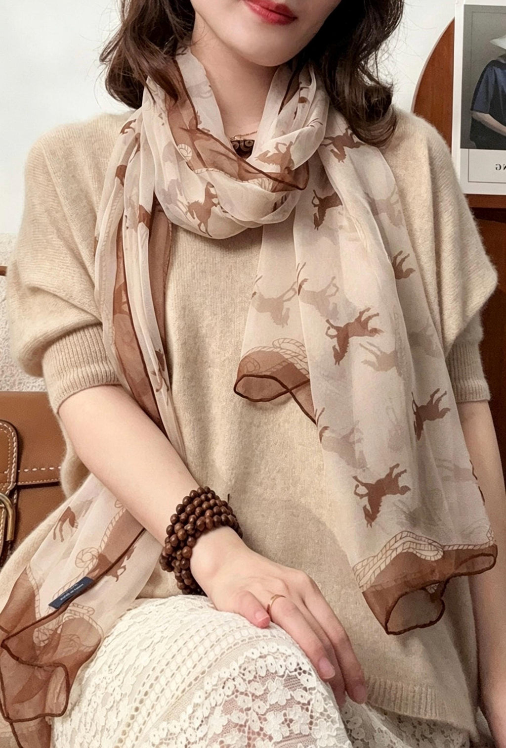 100% Mulberry Silk Scarf 35"x75" 88x190cm, Cream Pony Georgette Silk Shawl, Long Summer Sunscreen Wrap, Lightweight Floral Scarf for