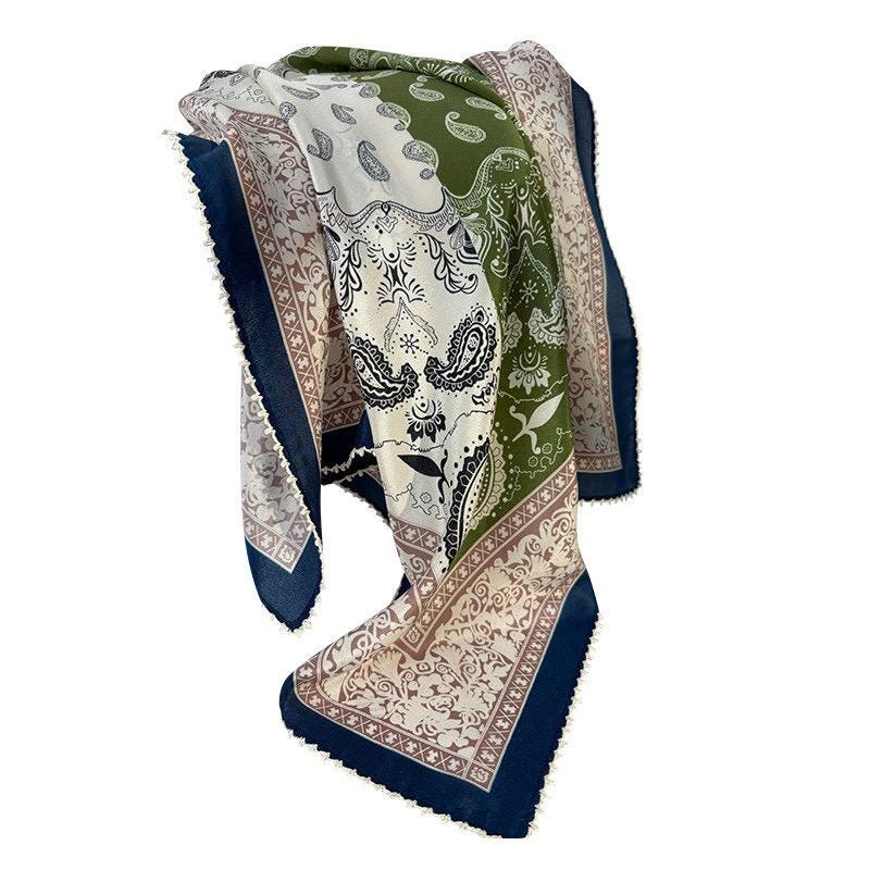 100% Mulberry Silk Scarf 26"x26" 65x65cm, Paisley Crepe de Chine Scarf, Retro Old Money Aesthetic Neck Tie, Elegant Teal Blue Square Wrap