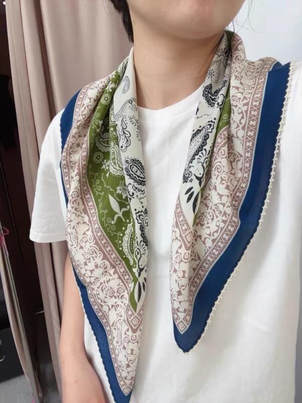 100% Mulberry Silk Scarf 26"x26" 65x65cm, Paisley Crepe de Chine Scarf, Retro Old Money Aesthetic Neck Tie, Elegant Teal Blue Square Wrap
