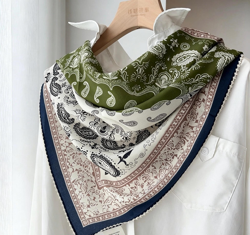 100% Mulberry Silk Scarf 26"x26" 65x65cm, Paisley Crepe de Chine Scarf, Retro Old Money Aesthetic Neck Tie, Elegant Teal Blue Square Wrap