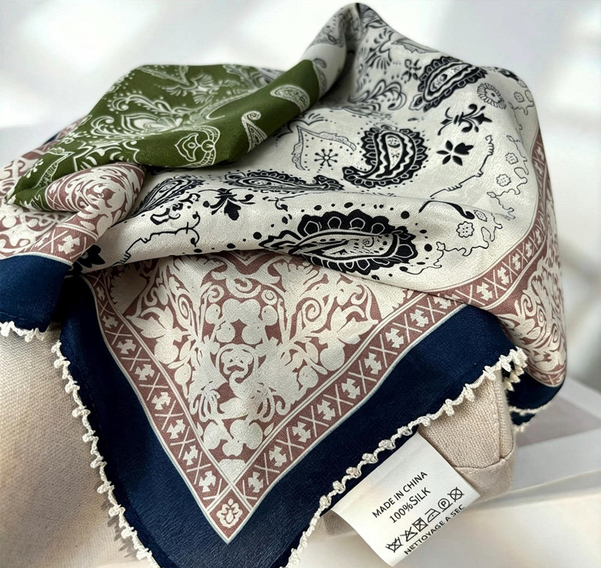 100% Mulberry Silk Scarf 26"x26" 65x65cm, Paisley Crepe de Chine Scarf, Retro Old Money Aesthetic Neck Tie, Elegant Teal Blue Square Wrap