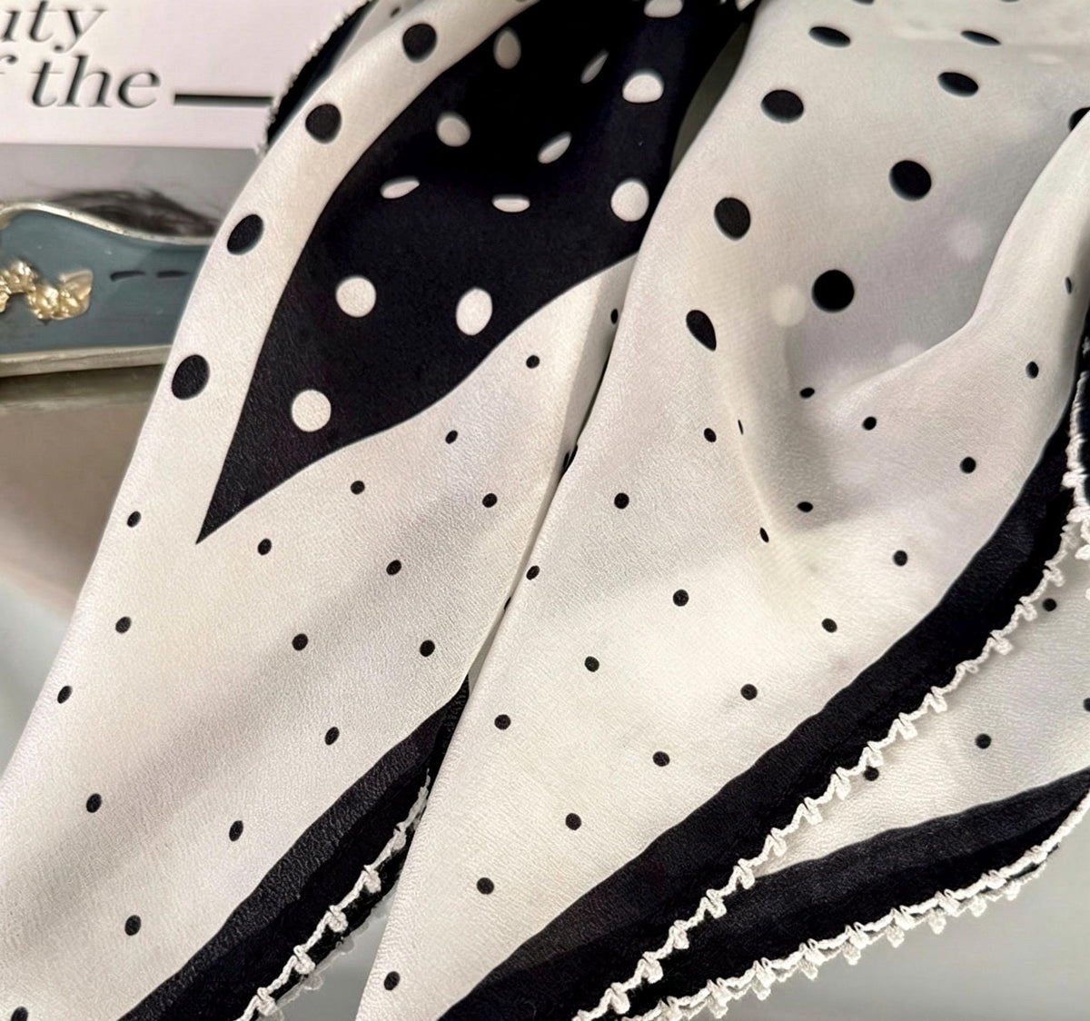 100% Silk Wool Scarf 26"x26" 65x65cm, Black White Polka Dot Silk Square Scarf, Minimalist Neck Head Scarf, French Elegance Bandana Gift