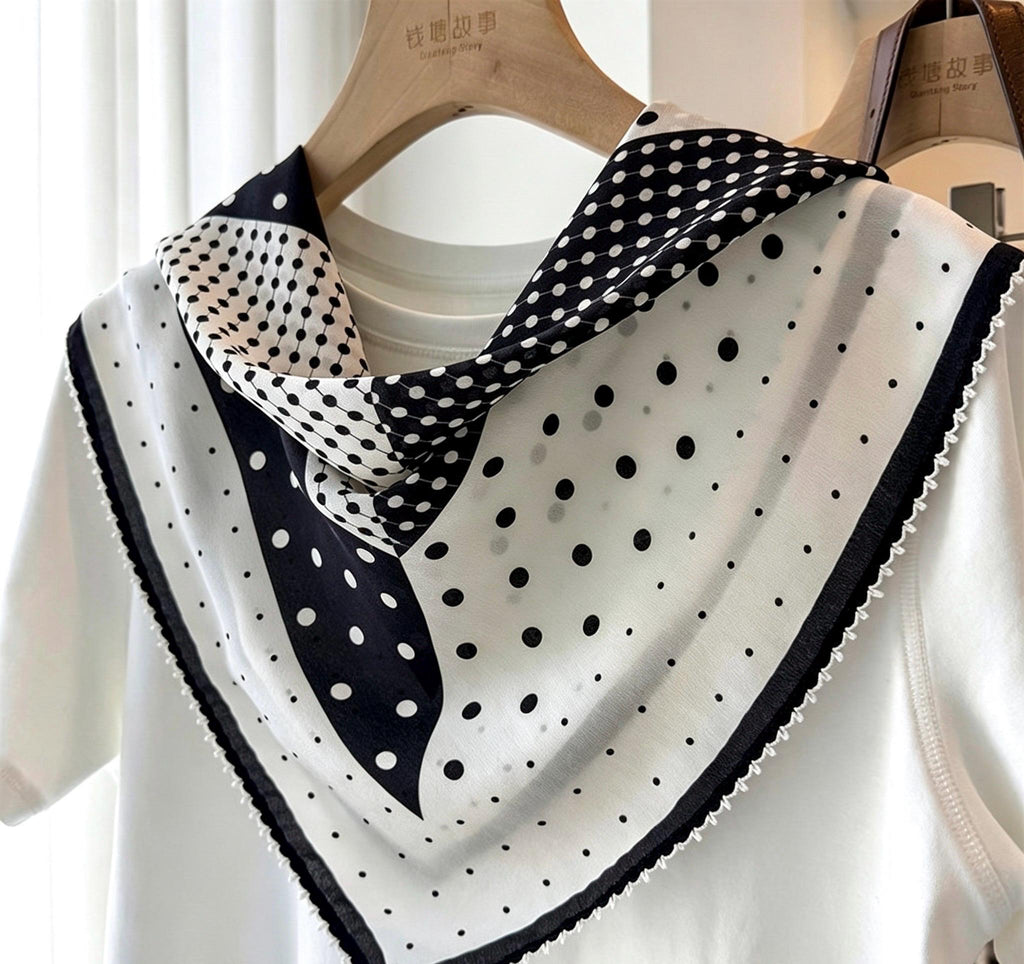 100% Silk Wool Scarf 26"x26" 65x65cm, Black White Polka Dot Silk Square Scarf, Minimalist Neck Head Scarf, French Elegance Bandana Gift