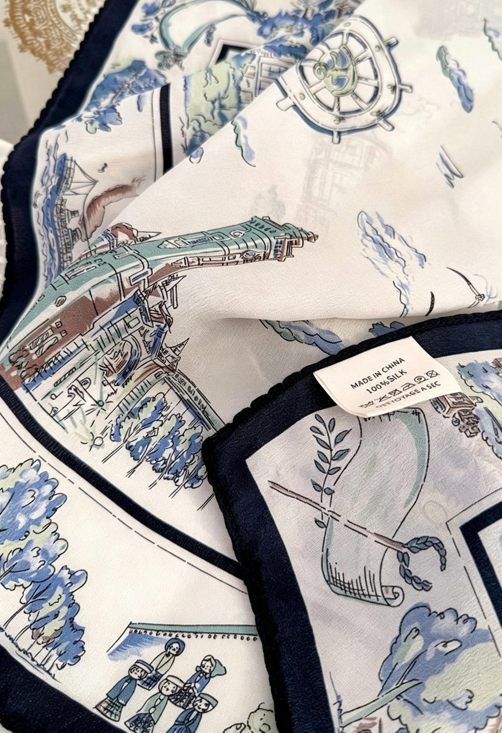 100% Silk Wool Scarf 26"x26" 65x65cm, Nautical Logbook Silk Square Scarf, Ocean Blue Contrast Border Neckerchief, Vintage Sailor Bandana