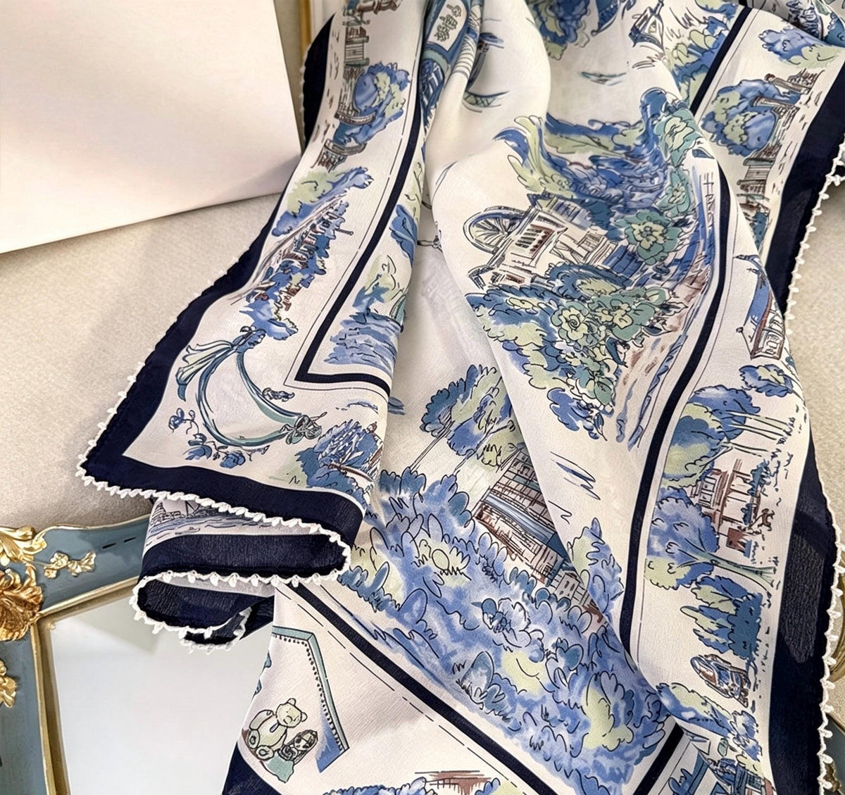 100% Silk Wool Scarf 26"x26" 65x65cm, Nautical Logbook Silk Square Scarf, Ocean Blue Contrast Border Neckerchief, Vintage Sailor Bandana