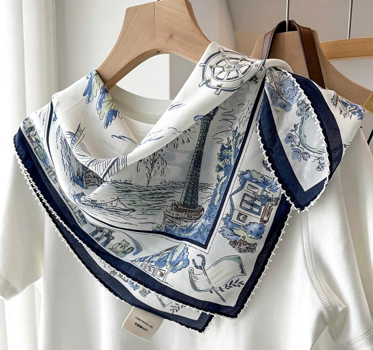 100% Silk Wool Scarf 26"x26" 65x65cm, Nautical Logbook Silk Square Scarf, Ocean Blue Contrast Border Neckerchief, Vintage Sailor Bandana