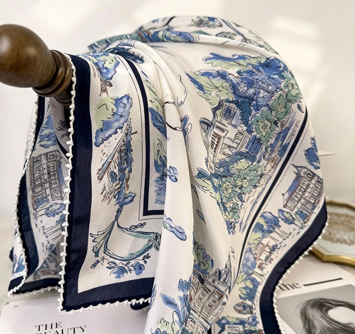 100% Silk Wool Scarf 26"x26" 65x65cm, Nautical Logbook Silk Square Scarf, Ocean Blue Contrast Border Neckerchief, Vintage Sailor Bandana