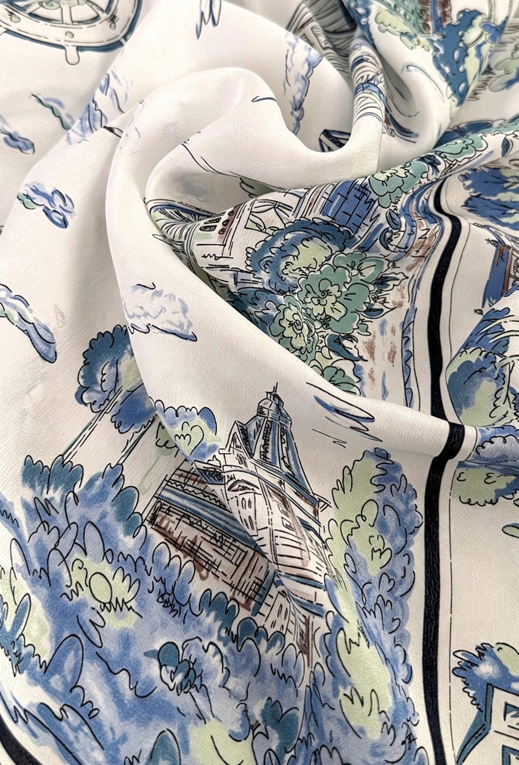 100% Silk Wool Scarf 26"x26" 65x65cm, Nautical Logbook Silk Square Scarf, Ocean Blue Contrast Border Neckerchief, Vintage Sailor Bandana