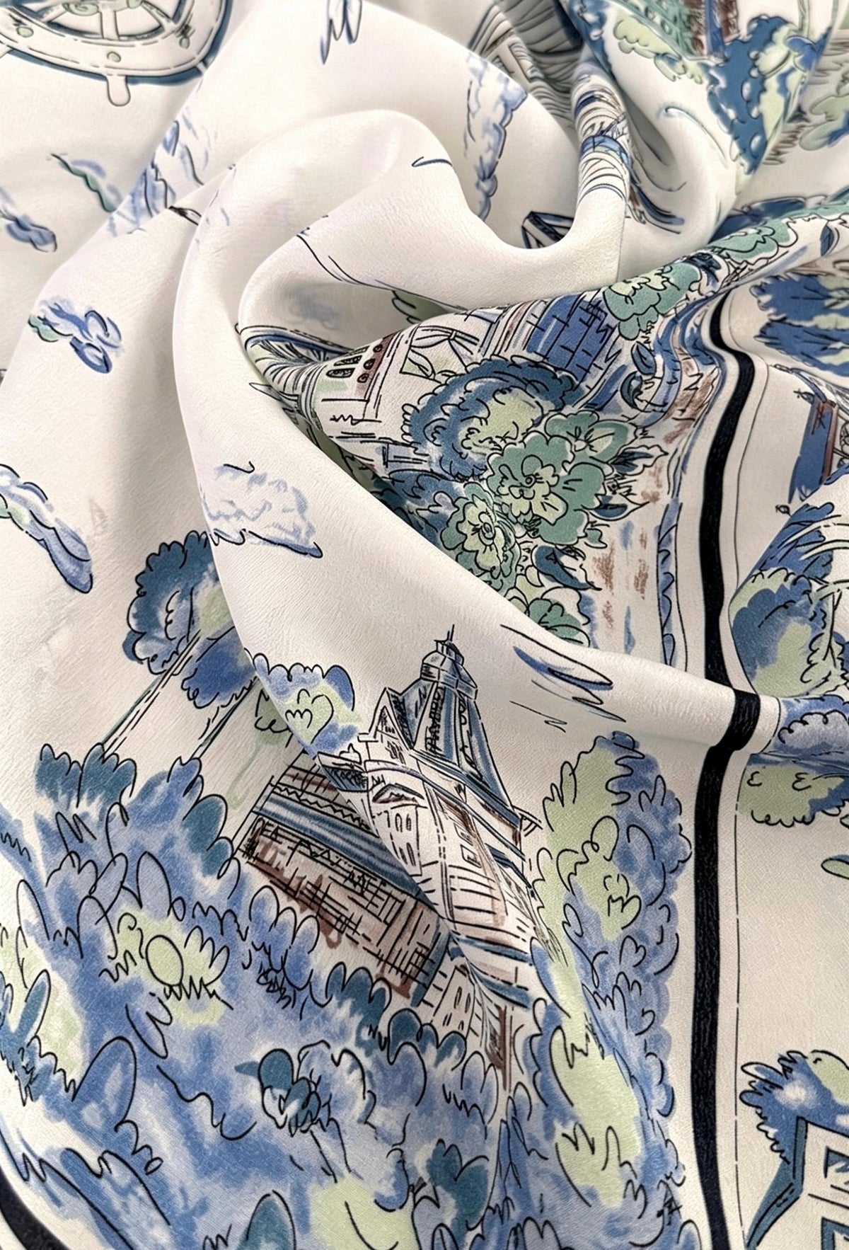 100% Silk Wool Scarf 26"x26" 65x65cm, Nautical Logbook Silk Square Scarf, Ocean Blue Contrast Border Neckerchief, Vintage Sailor Bandana
