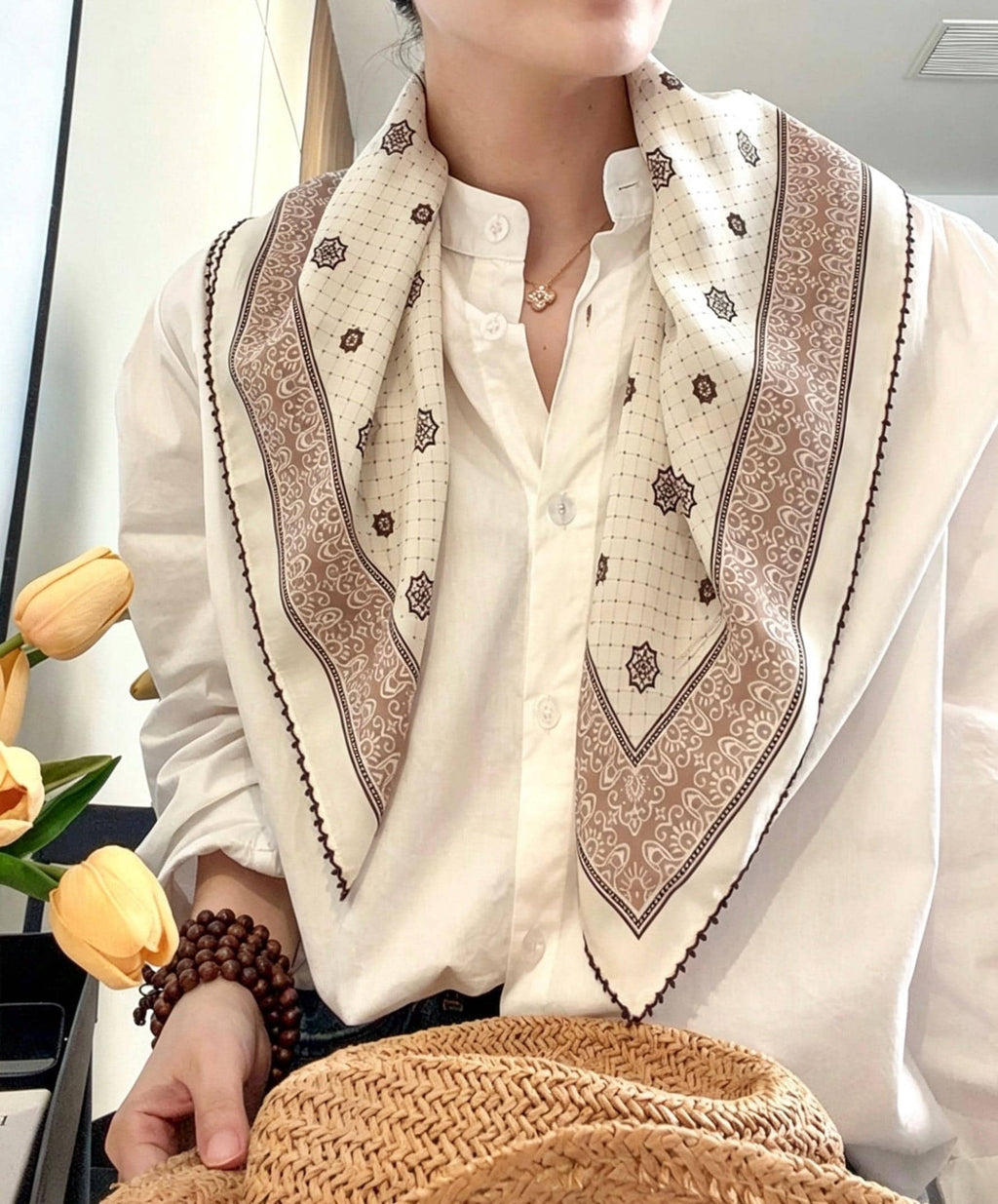 100% Silk Wool Scarf 26"x26" 65x65cm, Caramel Cream Silk Square Scarf, Vintage Mulberry Silk Crepe de Chine Neck Scarf, Gift for Her