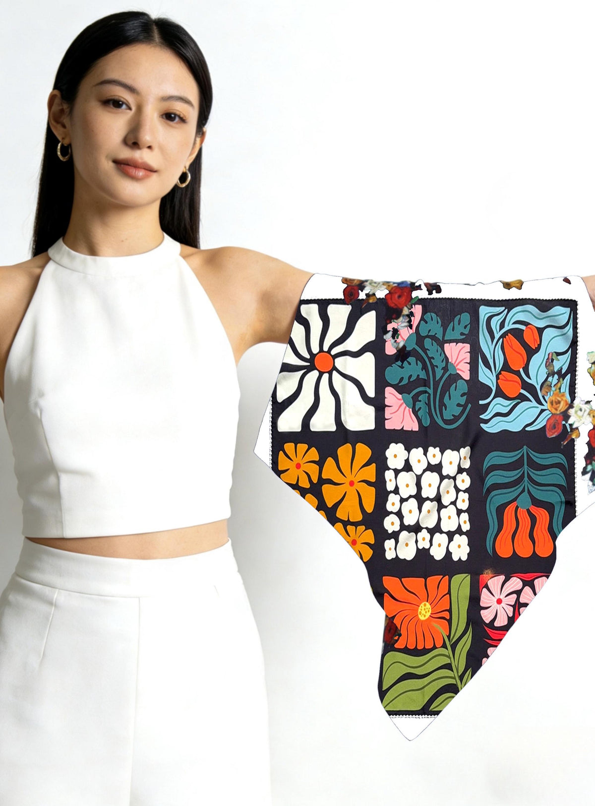 100% Mulberry Silk Scarf 26"x26" 65x65cm, Romantic Spring Color Block Square Scarf, Floral Silk Crepe de Chine Neck Scarf, Gift for Her
