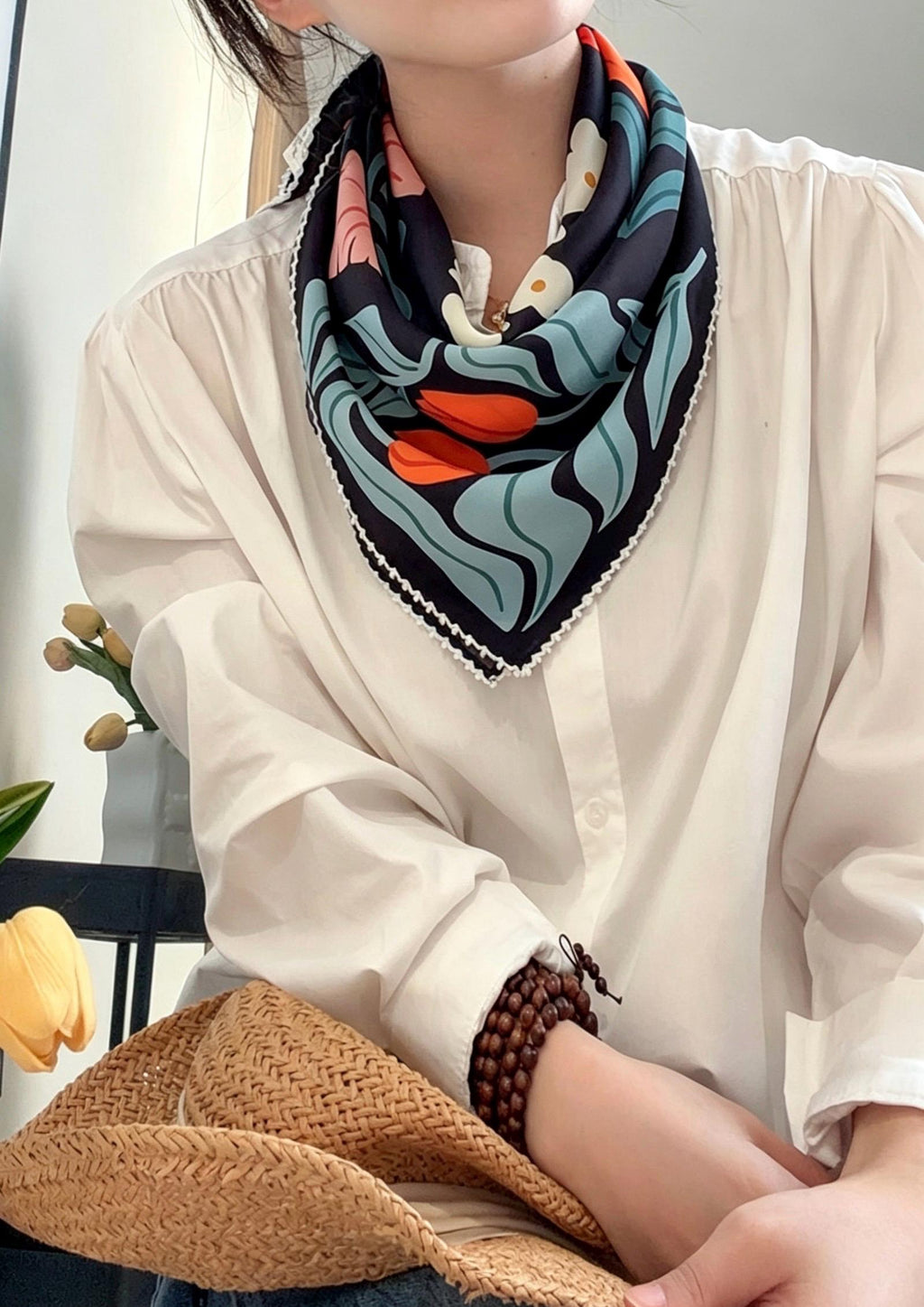 100% Mulberry Silk Scarf 26"x26" 65x65cm, Romantic Spring Color Block Square Scarf, Floral Silk Crepe de Chine Neck Scarf, Gift for Her