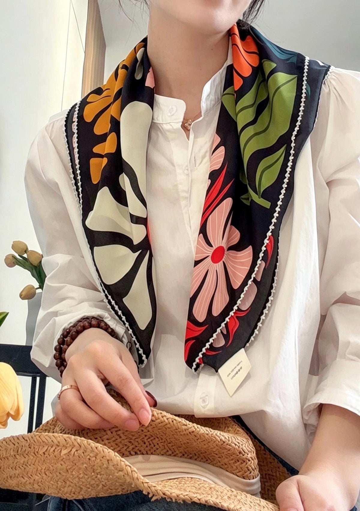 100% Mulberry Silk Scarf 26"x26" 65x65cm, Romantic Spring Color Block Square Scarf, Floral Silk Crepe de Chine Neck Scarf, Gift for Her