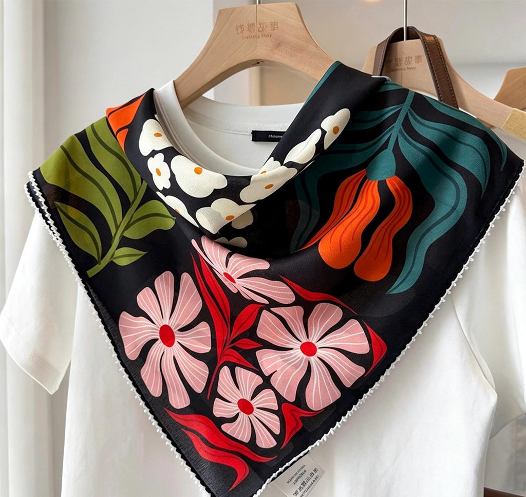 100% Mulberry Silk Scarf 26"x26" 65x65cm, Romantic Spring Color Block Square Scarf, Floral Silk Crepe de Chine Neck Scarf, Gift for Her