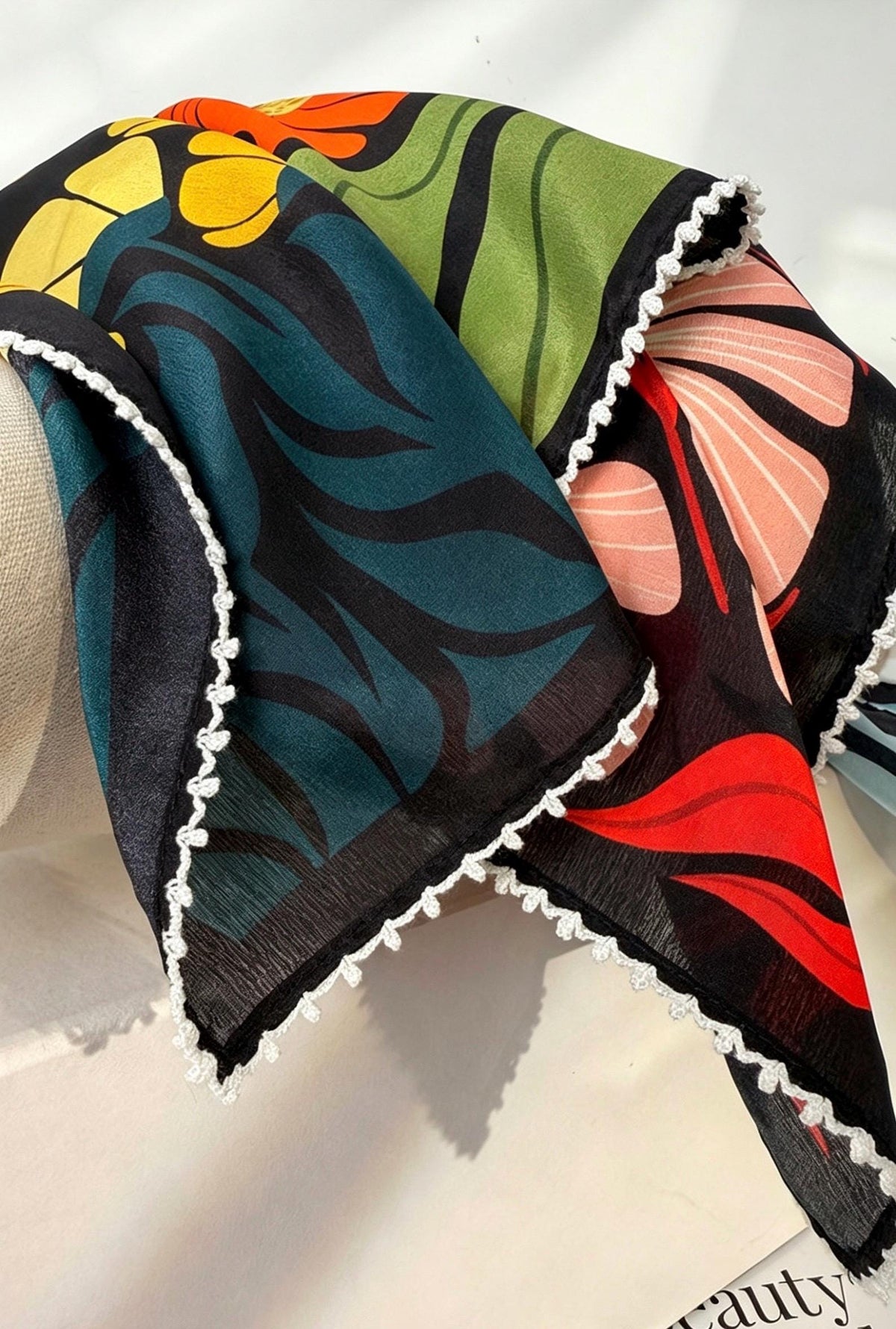 100% Mulberry Silk Scarf 26"x26" 65x65cm, Romantic Spring Color Block Square Scarf, Floral Silk Crepe de Chine Neck Scarf, Gift for Her