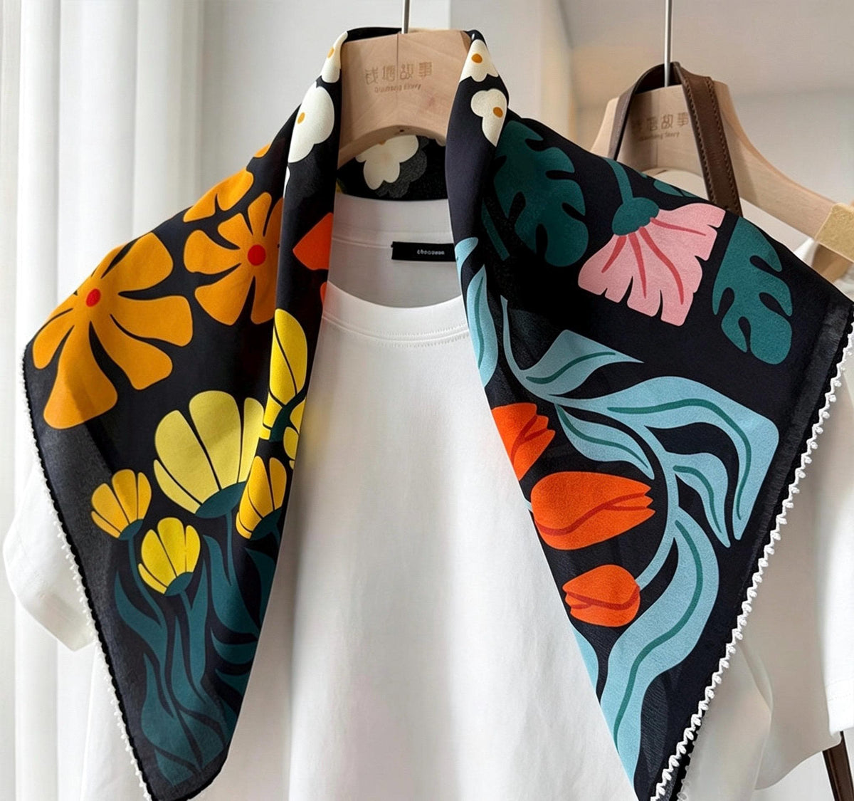 100% Mulberry Silk Scarf 26"x26" 65x65cm, Romantic Spring Color Block Square Scarf, Floral Silk Crepe de Chine Neck Scarf, Gift for Her
