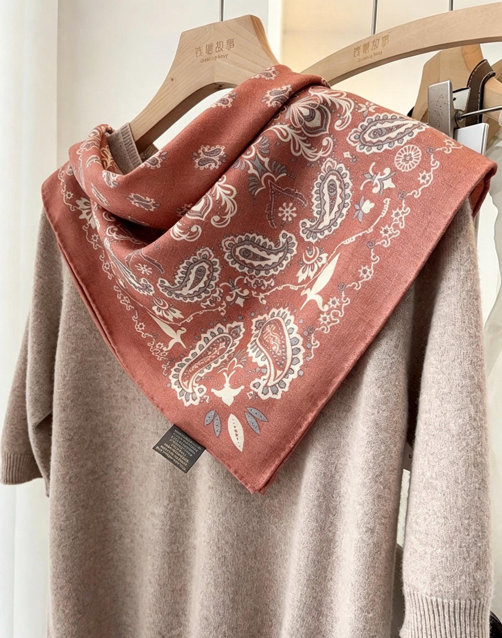 100% Silk Wool Scarf 25"x25" 65x65cm, Rose Pink Paisley Square Scarf, Elegant Winter Neck Scarf for Women, Luxury Silk Wool Wrap