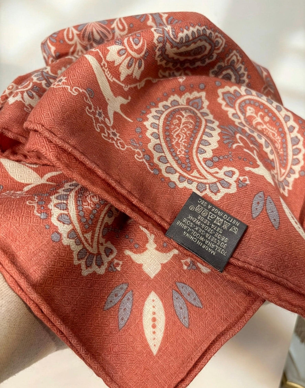 100% Silk Wool Scarf 25"x25" 65x65cm, Rose Pink Paisley Square Scarf, Elegant Winter Neck Scarf for Women, Luxury Silk Wool Wrap