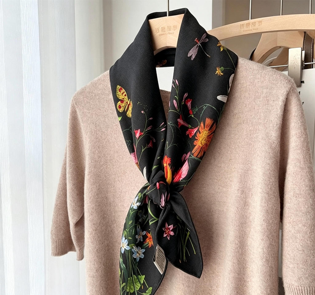 100% Mulberry Silk Scarf 35"x35" 88x88cm, Luxury Silk Wool Blend Shawl, Silent Garden Collection, Winter Warm Square Head Wrap, Gift for Her