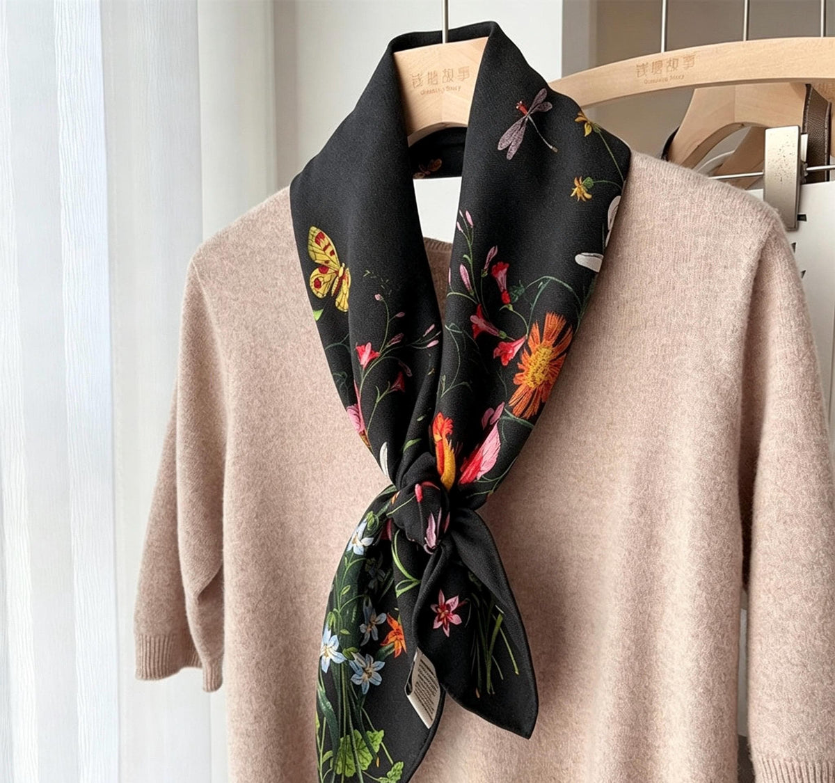 100% Mulberry Silk Scarf 35"x35" 88x88cm, Luxury Silk Wool Blend Shawl, Silent Garden Collection, Winter Warm Square Head Wrap, Gift for Her