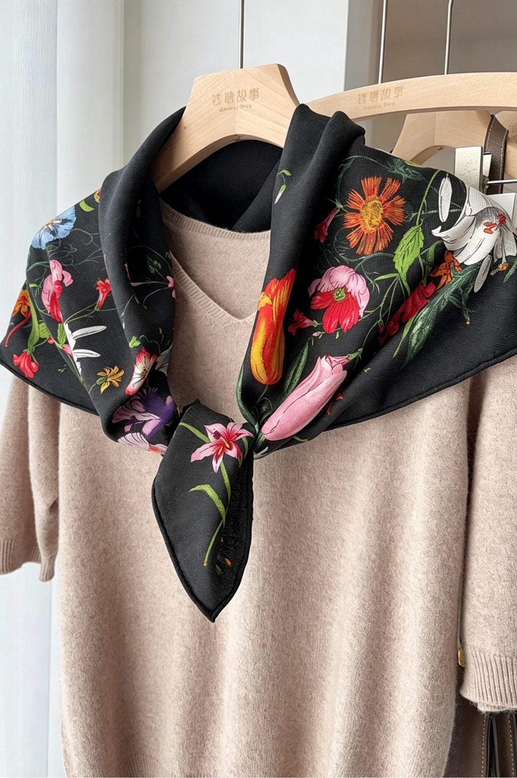 100% Mulberry Silk Scarf 35"x35" 88x88cm, Luxury Silk Wool Blend Shawl, Silent Garden Collection, Winter Warm Square Head Wrap, Gift for Her