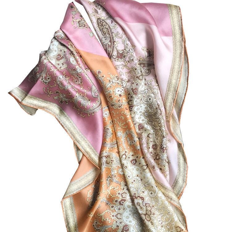 100% Mulberry Silk Scarf 43"x43" 110x110cm, Heavy Silk Crepe de Chine Square Shawl, Paisley Patchwork Print, Large Sunscreen Wrap, Silk Gift