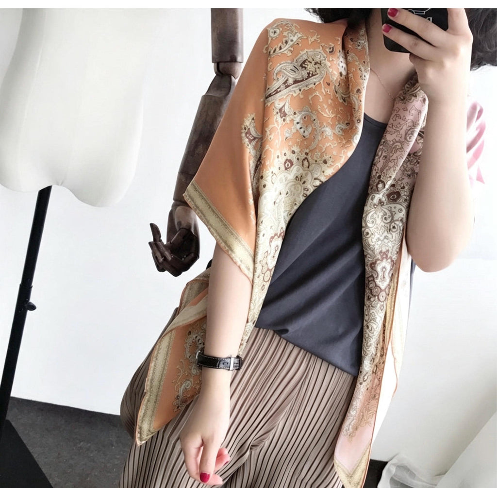 100% Mulberry Silk Scarf 43"x43" 110x110cm, Heavy Silk Crepe de Chine Square Shawl, Paisley Patchwork Print, Large Sunscreen Wrap, Silk Gift