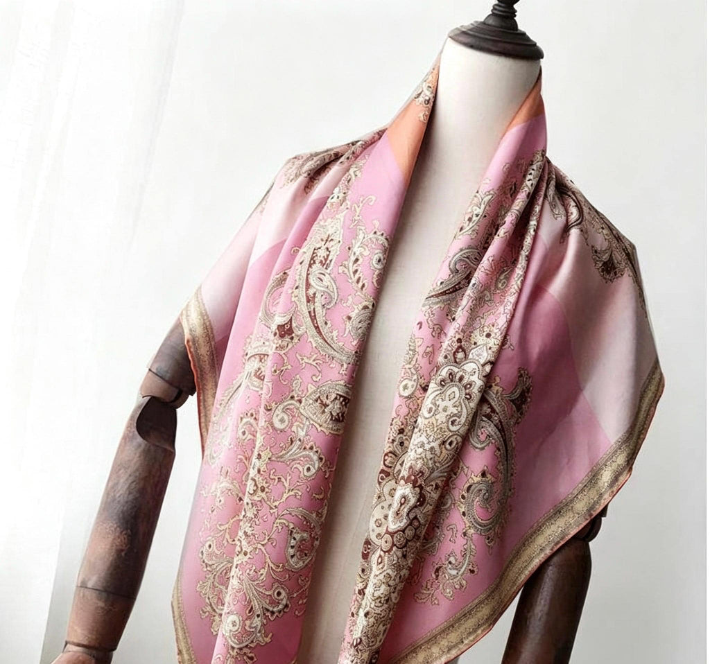 100% Mulberry Silk Scarf 43"x43" 110x110cm, Heavy Silk Crepe de Chine Square Shawl, Paisley Patchwork Print, Large Sunscreen Wrap, Silk Gift
