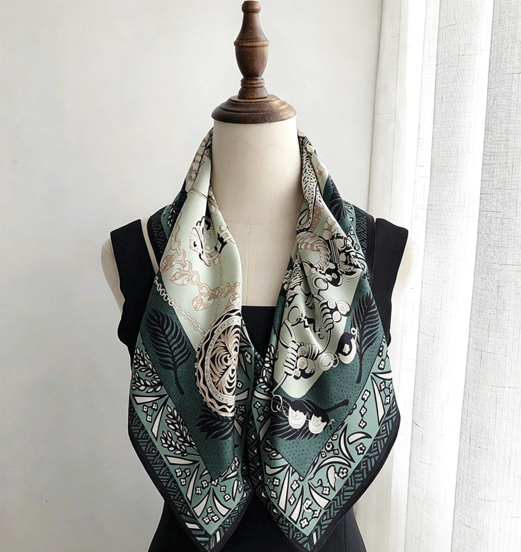 100% Silk Wool Scarf 26"x26" 65x65cm, Dark Emerald Green Silk Square Scarf, Elegant Quiet Luxury Neck Head Handkerchief Gift for Her