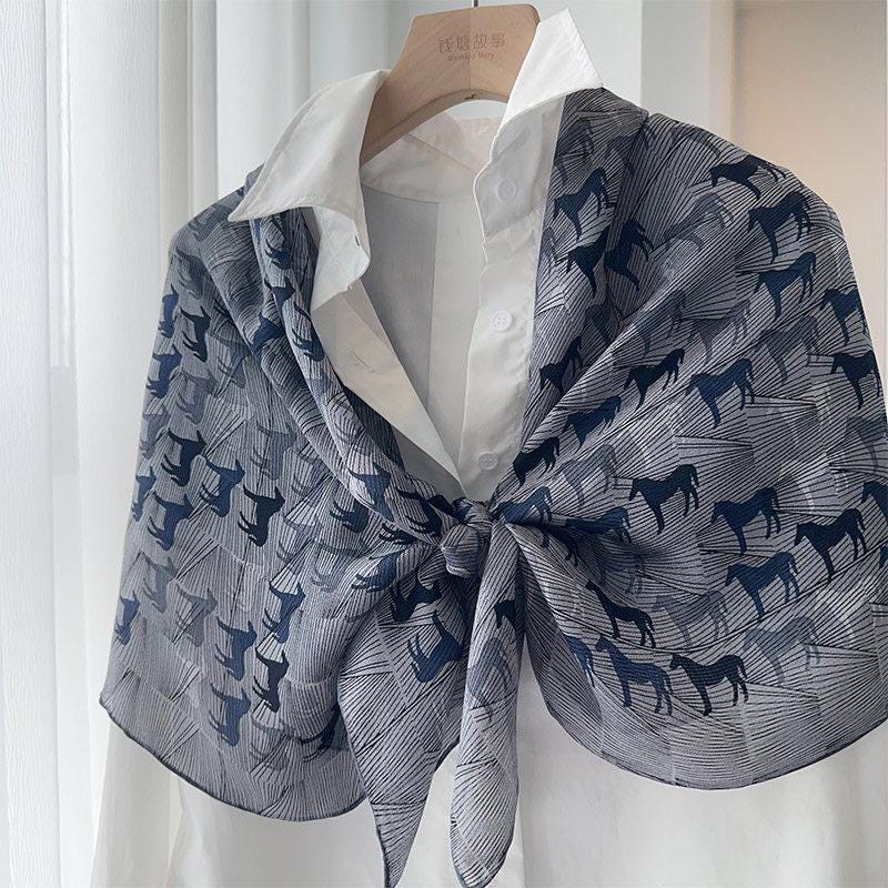 100% Mulberry Silk Scarf 42"x42" 108x108CM, Luxury Silk Sheer Scarf for Women, Equestrian Horse Print, Summer Sun Protection Shawl Wrap